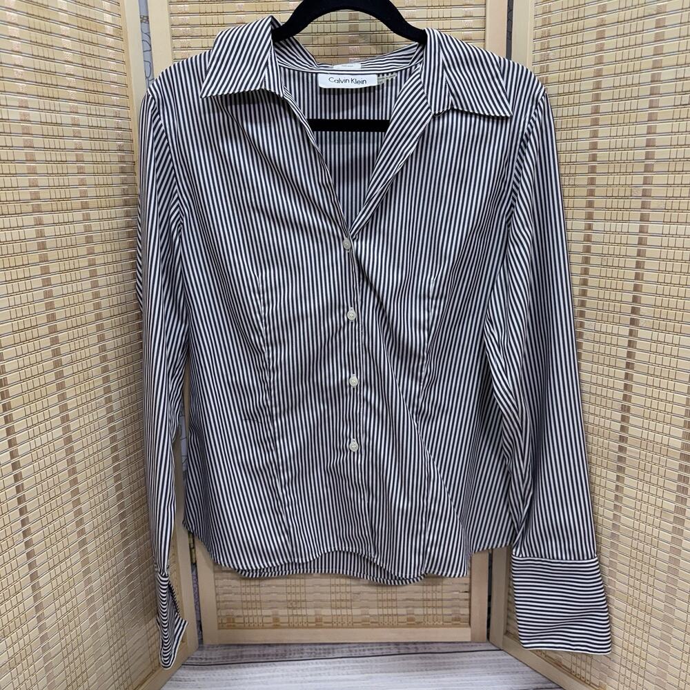 Calvin Klein Top Women's Size 10 Black White Striped Collared Button Up